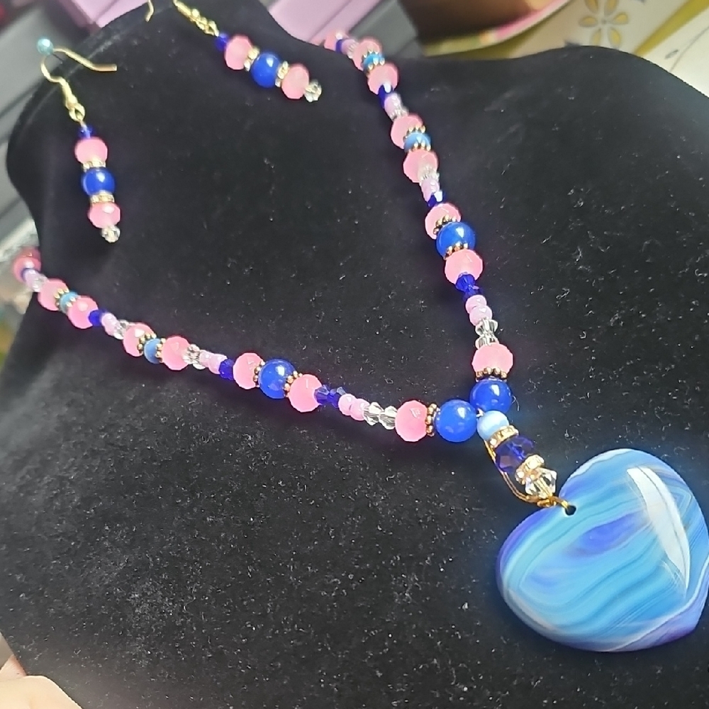 Blue Heart Pendant Necklace with Pink Beaded Chain